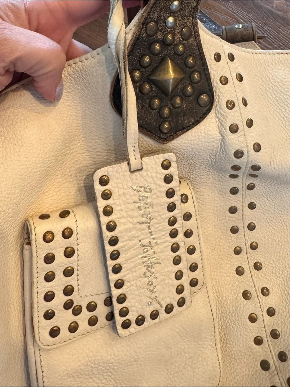 Betsey Johnson Cream Vintage Y2K Leather Shoulder Bag with Brown Studded Straps